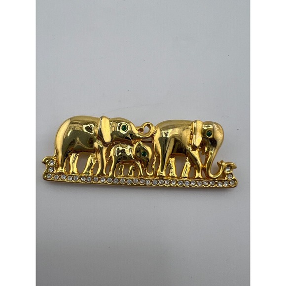 Vintage Gold Tone Three Elephants Walking Brooch Pin Estate 90s Bold Big Classic - Picture 1 of 5